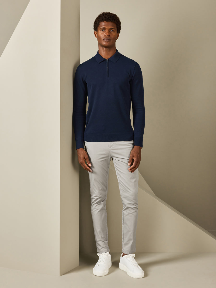 Cotton Knitted Long Sleeve Half Zip Polo Shirt in Navy