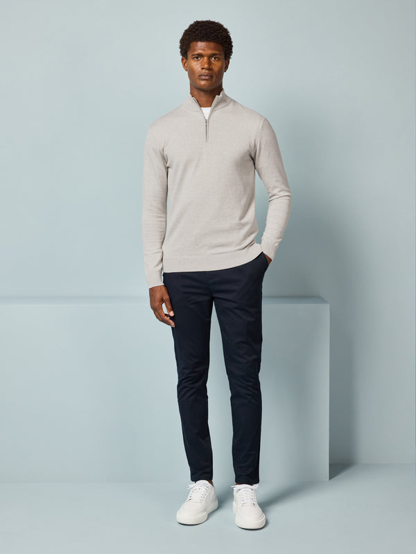 Cotton Knitted Half Zip Funnel Neck Jumper in Oatmeal