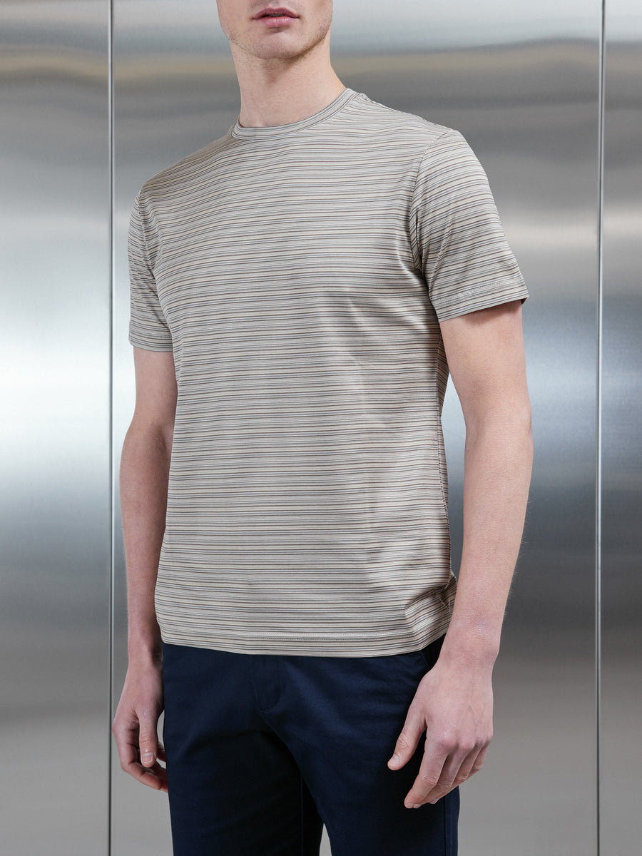 Mercerised Cotton Space Dye Striped T-Shirt in Stone