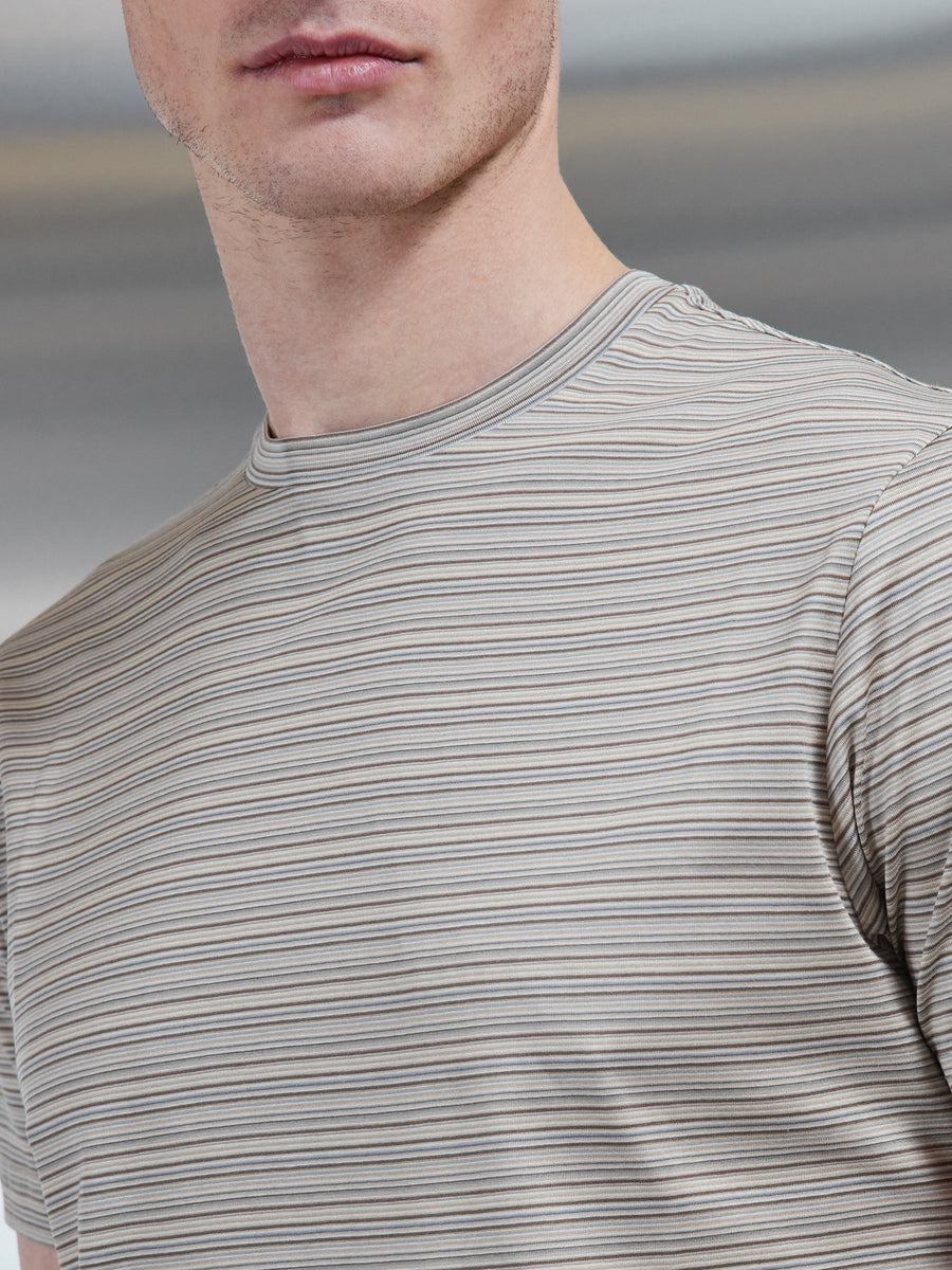 Mercerised Cotton Space Dye Striped T-Shirt in Stone